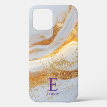 Vit marmor chic guld glitter monogram