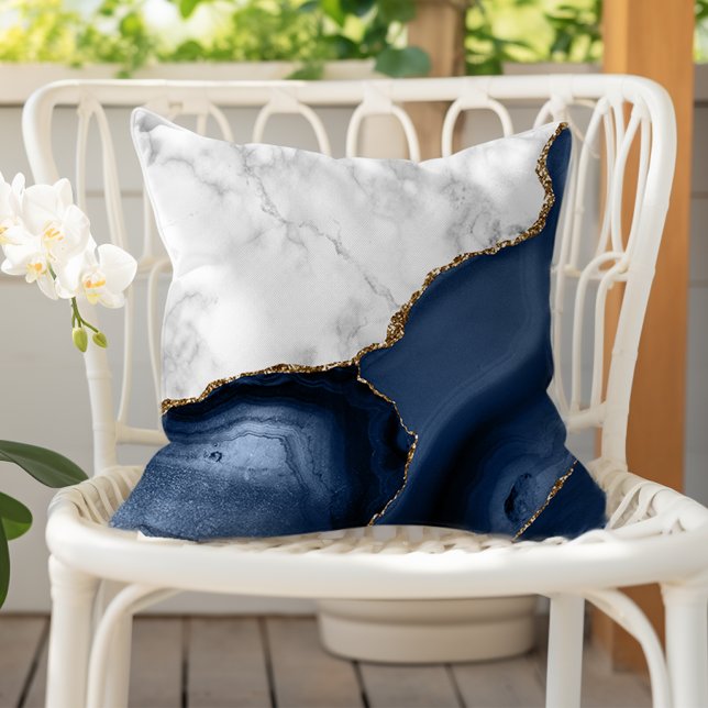 Vit marmor förgylld Navy Blue Agat Kudde (Skapare uppladdad)
