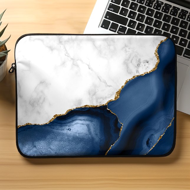 Vit marmor förgylld Navy Blue Agat Laptop Fodral (Skapare uppladdad)