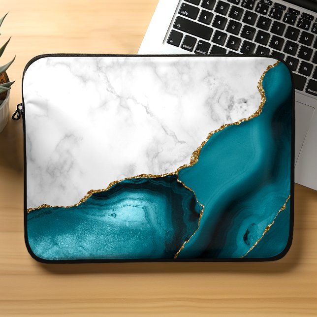 Vit marmor förgylld teal blå agat laptop fodral (Skapare uppladdad)