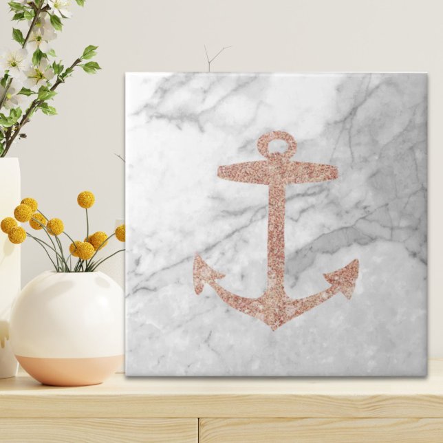 vit marmor från ankaret ro guld vid chic kakelplatta (girly chic beach rose gold anchor white marble ceramic tile)