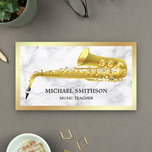 Vit marmor Gold Foil Saxophone Music Lärare Visitkort (Skapare uppladdad)