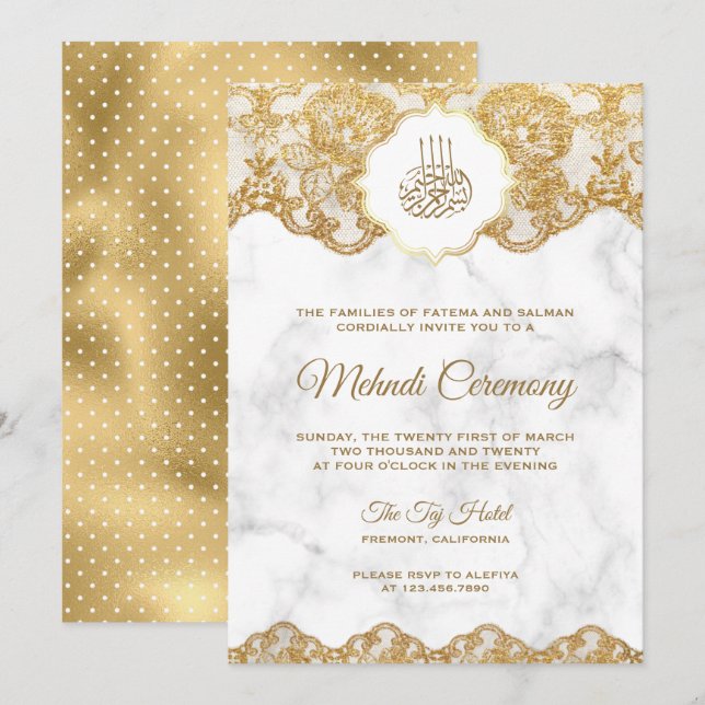 Vit marmor guld folie spets islamisk Mehndi Inbjudningar (Fram/baksida)