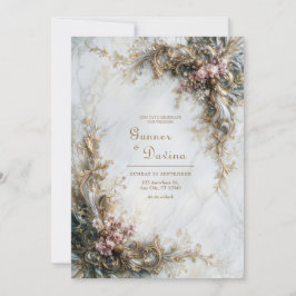 Vit Marmor Guld Rosa Blommig Rokoko Bröllop Inbjudningar