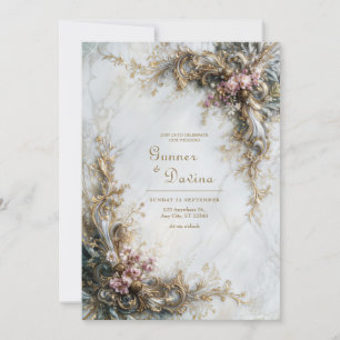 Vit Marmor Guld Rosa Blommig Rokoko Bröllop Inbjudningar