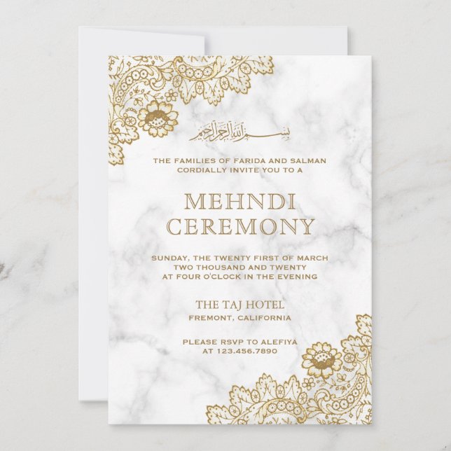 Vit Marmor Guldspets Islamisk Mehndi-ceremoni Inbjudningar (Framsida)