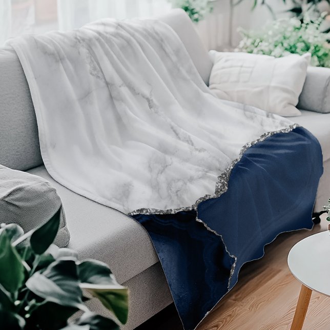 Vit marmor marinblå agat silverglitter fleecefilt (Skapare uppladdad)