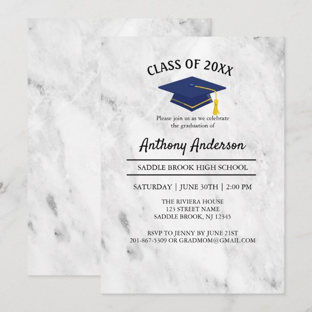 Vit marmor med blå marktäcke Studenten Inbjudningar (Fram/baksida)