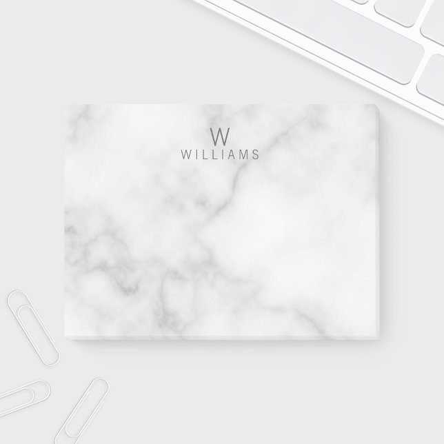Vit marmor med Personlig Monogram och Namn Post-it Block (Skapare uppladdad)