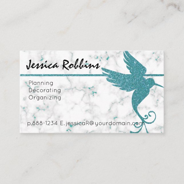 Vit marmor med teal glitter kolibri elegant visitkort (Framsida)