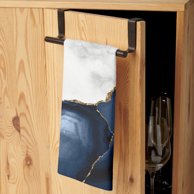 Vit marmor Navyblå Guld Agat Kökshandduk (Thirds Fold)