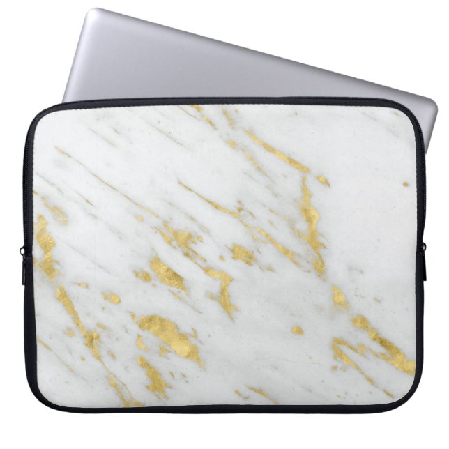 Vit marmor och fläckad Guld Glitter Laptop Sleeve (Framsidan)