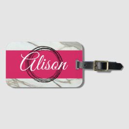 Vit marmor och fuchsia rosa girly add namn bagagebricka