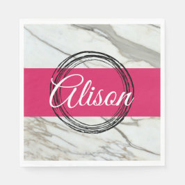 Vit marmor och fuchsisk rosa tillsätt namn pappersservett