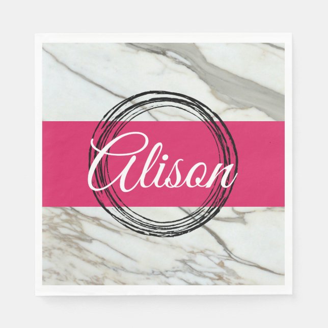 Vit marmor och fuchsisk rosa tillsätt namn pappersservett (Framsidan)