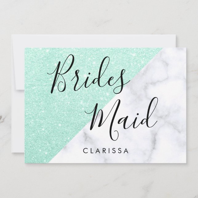 Vit marmor och mynta grönt glitter bridesmé inbjudningar (Framsida)