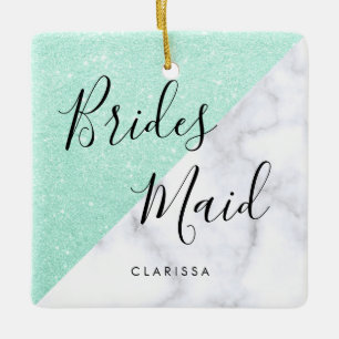 Vit marmor och mynta grönt glitter bridesmé julgransprydnad keramik