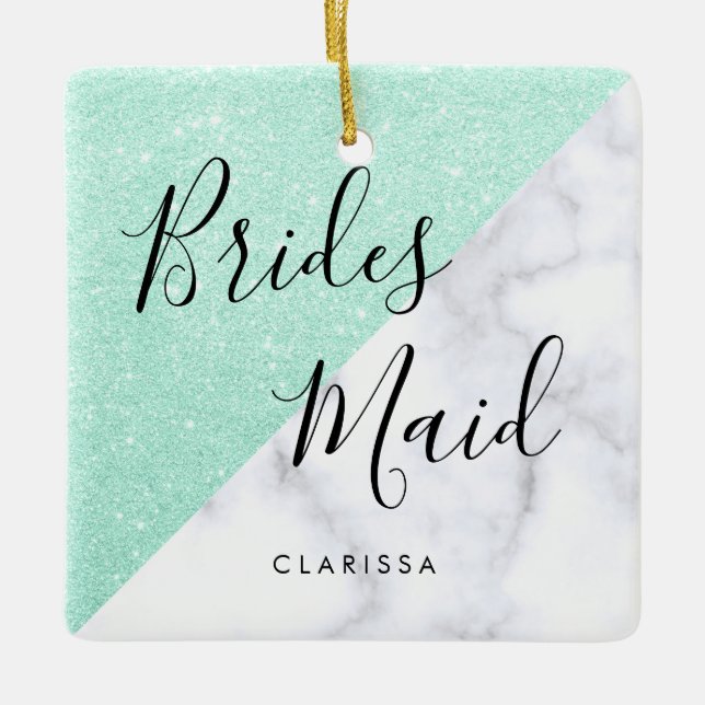Vit marmor och mynta grönt glitter bridesmé julgransprydnad keramik (Framsida)