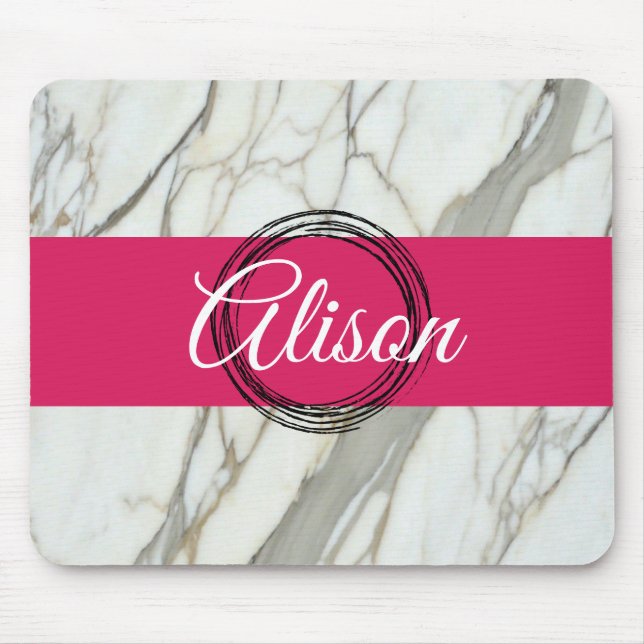 Vit marmor och rosa fuchsia, eget namn (giglila) musmatta (Framsidan)