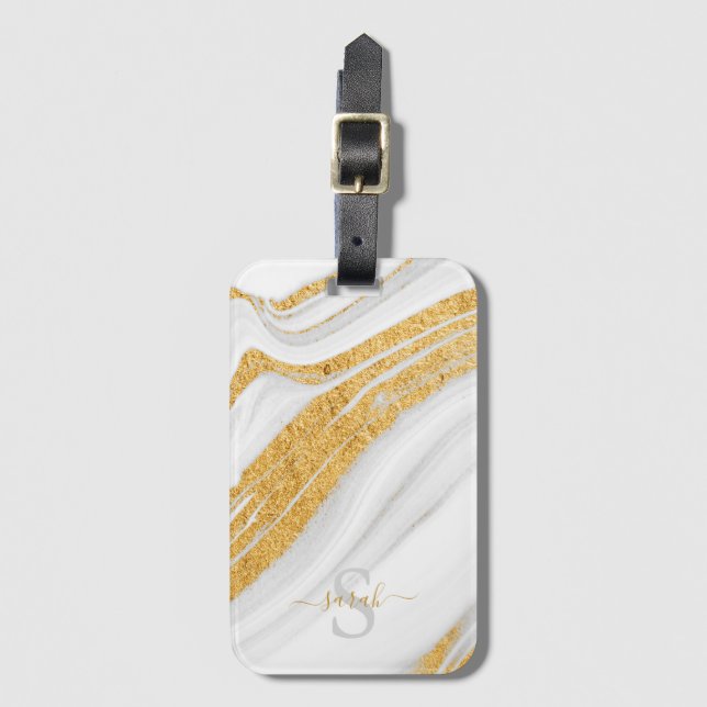 Vit marmor och tryckt Guld Glitter Bagagebricka (Framsida vertikal)