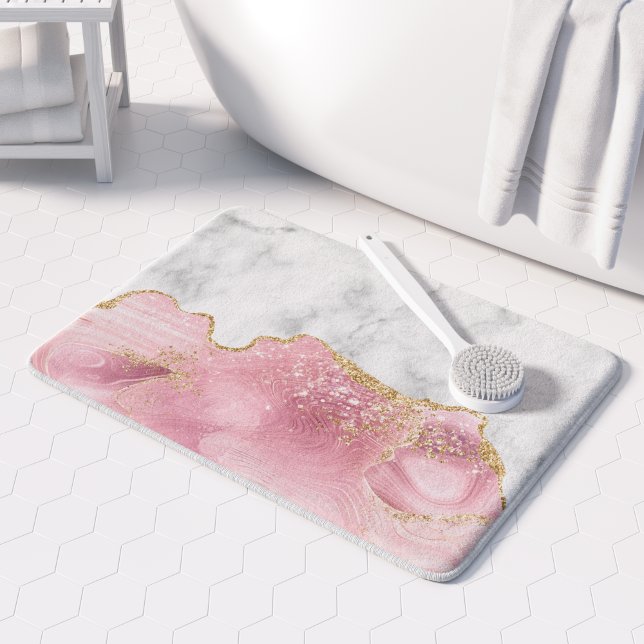 Vit marmor Pastell Rosa Agat Guld Glitter Badrumsmatta (Skapare uppladdad)