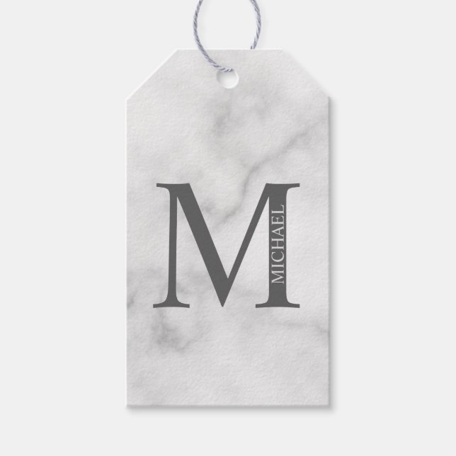 Vit marmor Personlig monogram och namn Presentetikett (Framsidan)