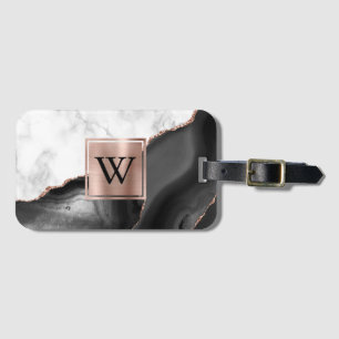 Vit Marmor Rosa Guld Svart Agat Monogram Bagagebricka