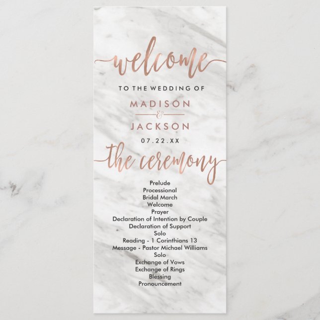 Vit marmor & roséguld elegant bröllopsprogram program (Framsida)