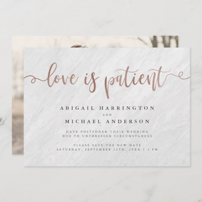 Vit marmor & roséguld kärlek är tålamod inbjudningar (Fram/baksida)