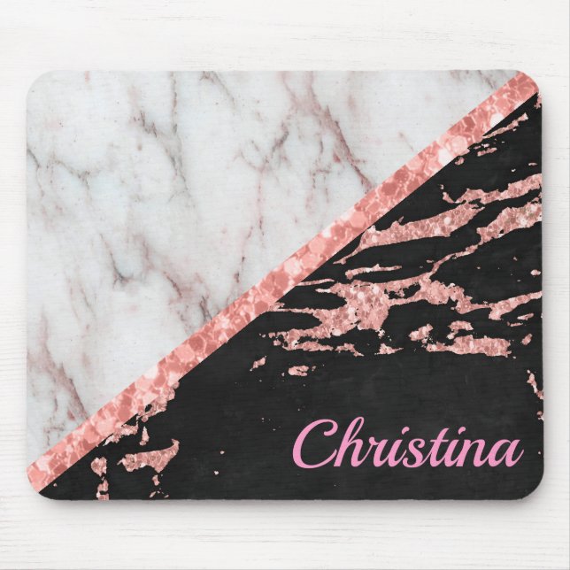 Vit marmor-sten och svart Rosa Glitter-monogram Musmatta (Framsidan)