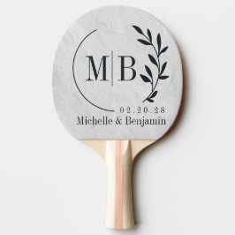 Vit Marmor Stens Blad Vigsel Monogram Pingisracket
