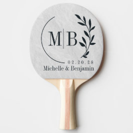 Vit Marmor Stens Blad Vigsel Monogram Pingisracket