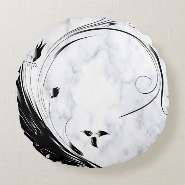 Vit marmor, svart grafik rund kudde (Framsidan)