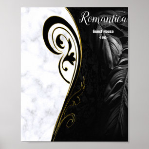 Vit marmor,Svart,Guld filigree Poster