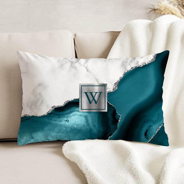 Vit marmor Teal Agate Silver Glitter Monogram Prydnadskudde (Skapare uppladdad)