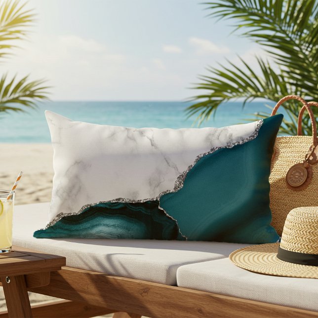 Vit marmor Teal Agate Silver utomhus Lumbarkudde (Skapare uppladdad)