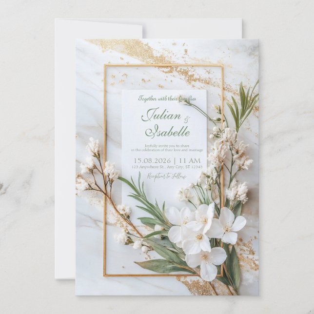 Vit marmorerad blomstergin minimalistisk grön bröl inbjudningar (Framsida)