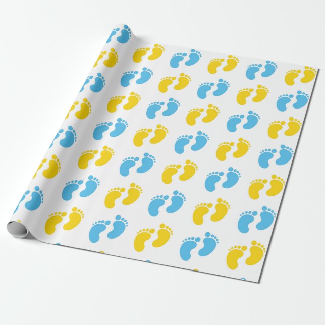 VIT MED BLÅ OCH GUL BABYFÖTTER PRESENTPAPPER (Utrullad)