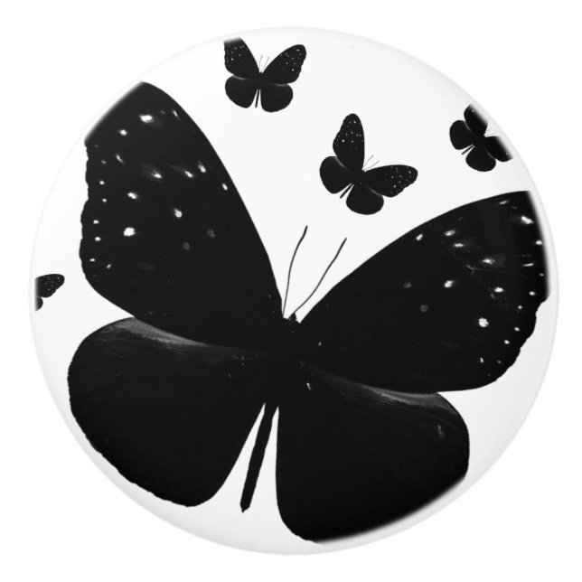 Vit med Black Butterflies Chic Butterfly Decor Knopp (Framsidan)