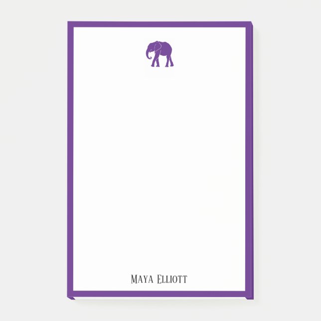 Vit med Bright Lila Elephant & Gräns + Namn Post-it Block (Framsida)