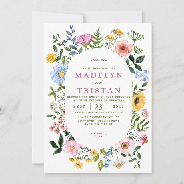 Vit med grön blomster minimalistisk foto Bröllop Inbjudningar (Framsida)