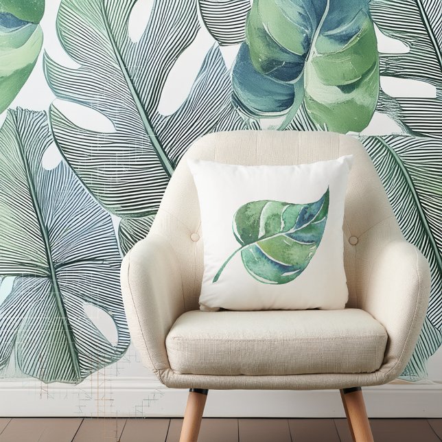 Vit med Grönt Löv Design Dekorativ kudde (STYLISH BOTANICAL PRINT!)