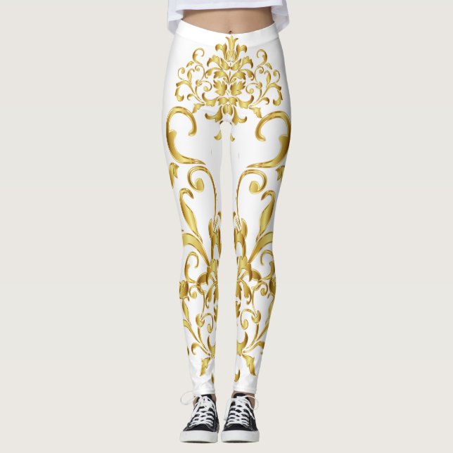 Vit med Guld Damask Detection Athletic Leggings (Framsida)