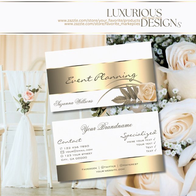 Vit med Guld Decor och Cute Ro Flower Modern Visitkort (Skapare uppladdad)