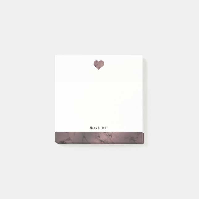 Vit med Guld Marble Heart & Gräns + Namn Post-it Block (Framsida)