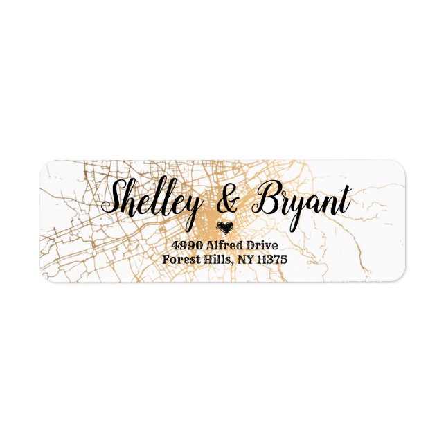 Vit med guldabstrakt mönster bröllop returadress etikett (Framsidan)