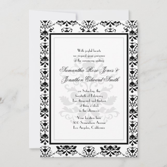 Vit med inbjudan till Black Damask Elegant bröllop (Framsida)