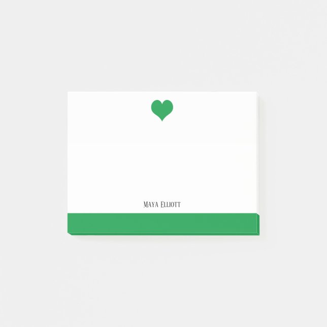 Vit med Kelly Grönt Heart & Gräns & Namn Post-it Block (Framsida)