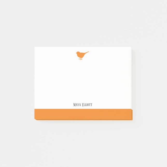 Vit med liten Orange Bird & Gräns + Namn Post-it Block (Framsida)