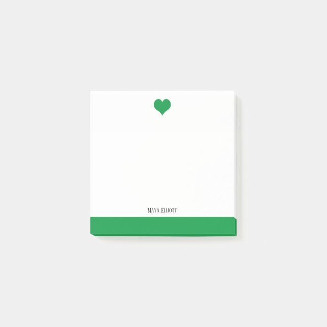 Vit med ljust Grönt Heart & Gräns + Namn Post-it Block (Framsida)